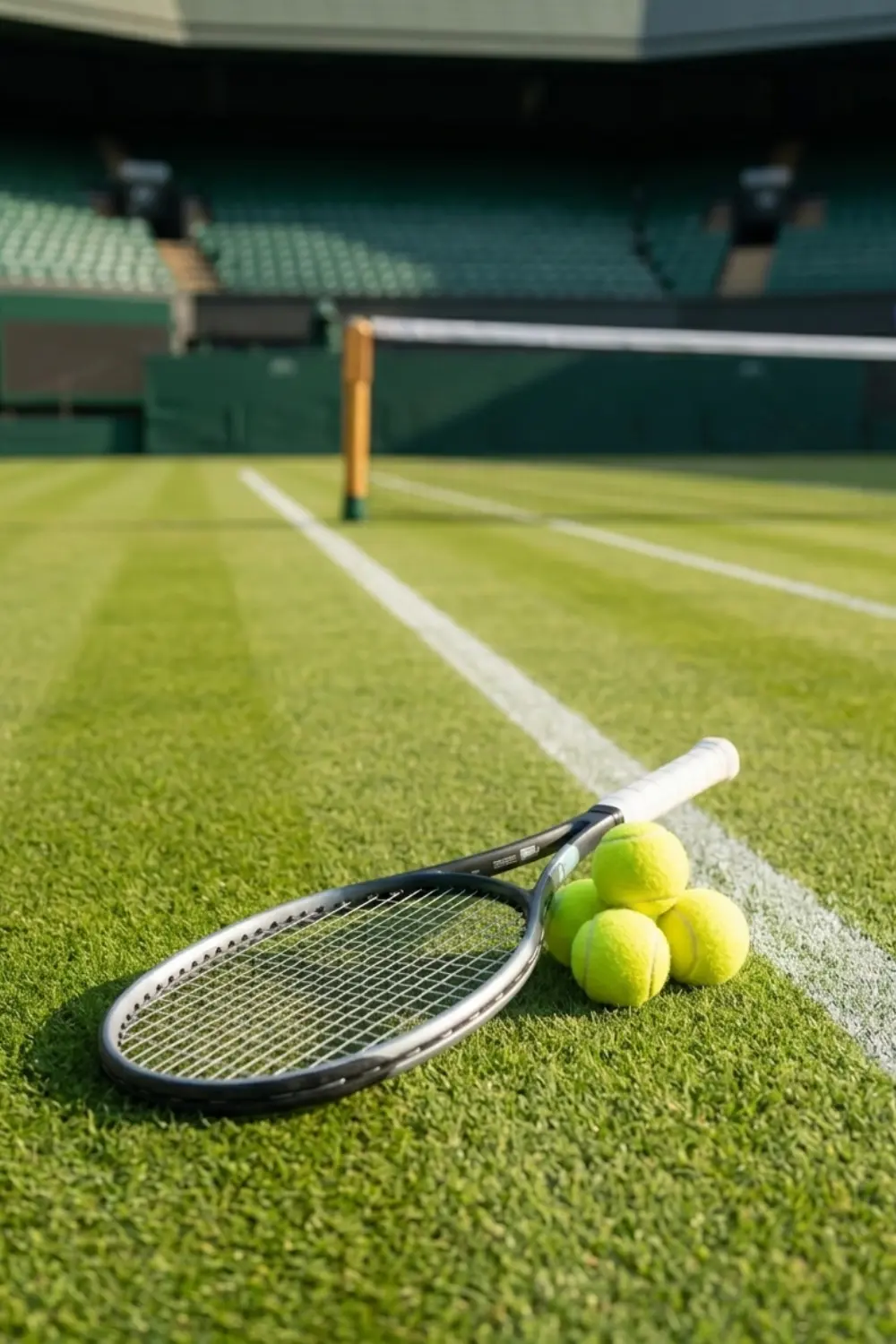 Tennis racquet and balls resting on a summer grass court