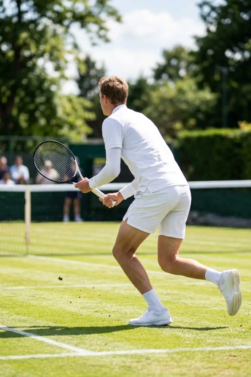 Tennis player approaching the net for a volley on grass
