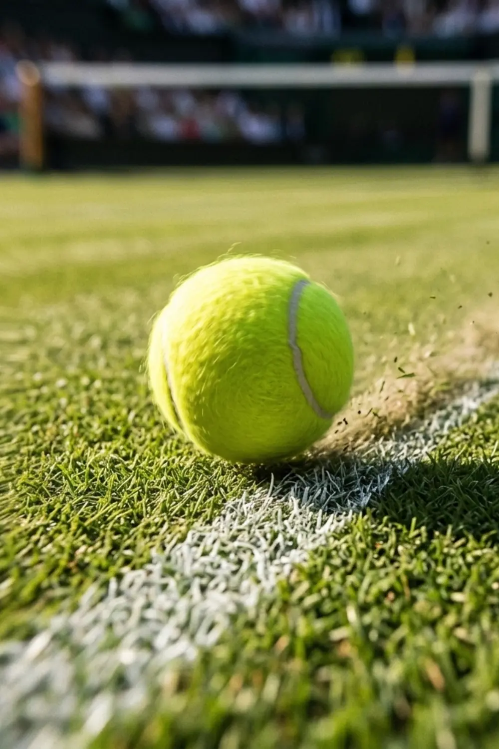 Tennis ball skidding low on a grass court after the bounce
