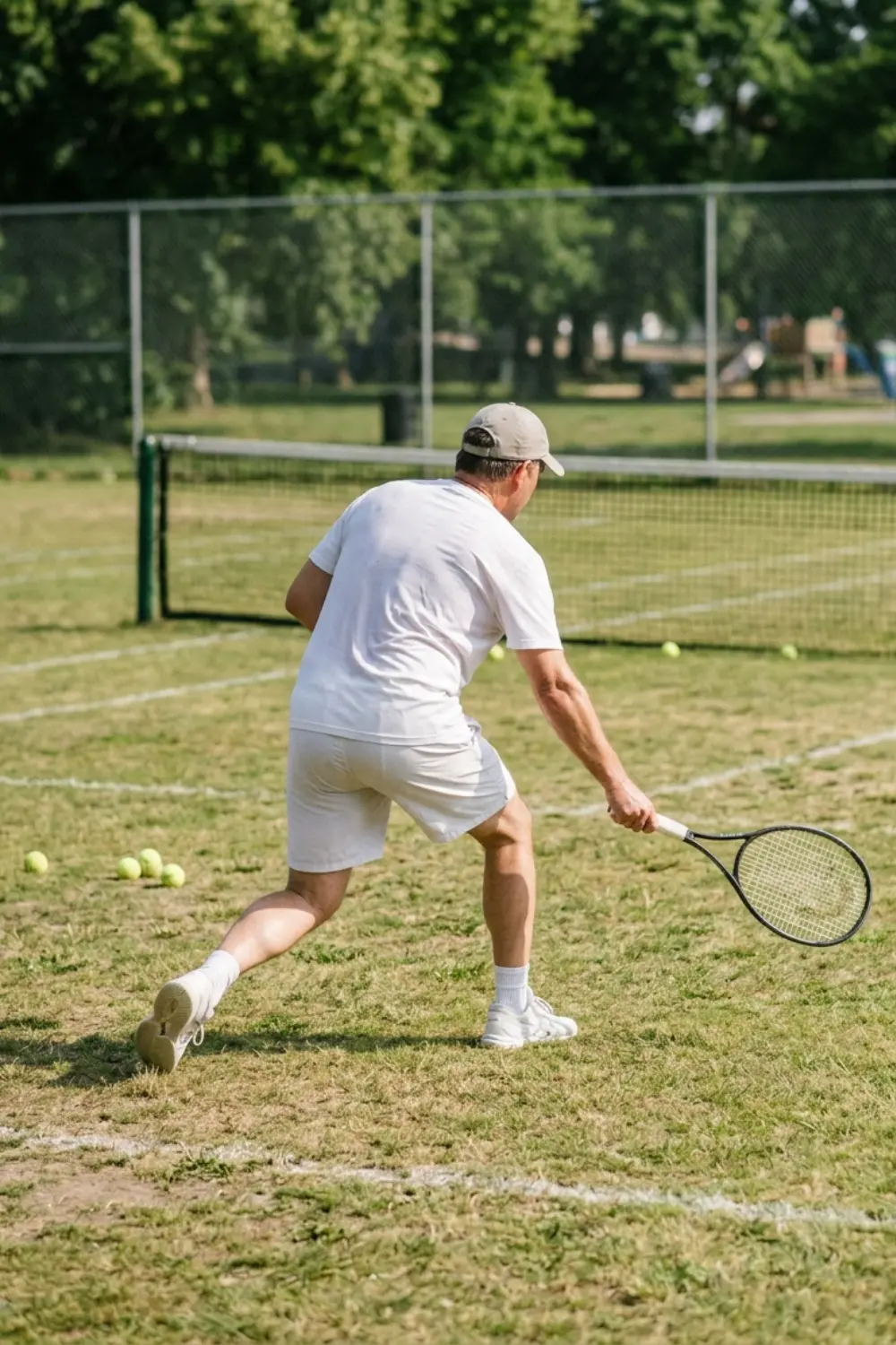 Amateur tennis player practicing a low shot on a worn grass court