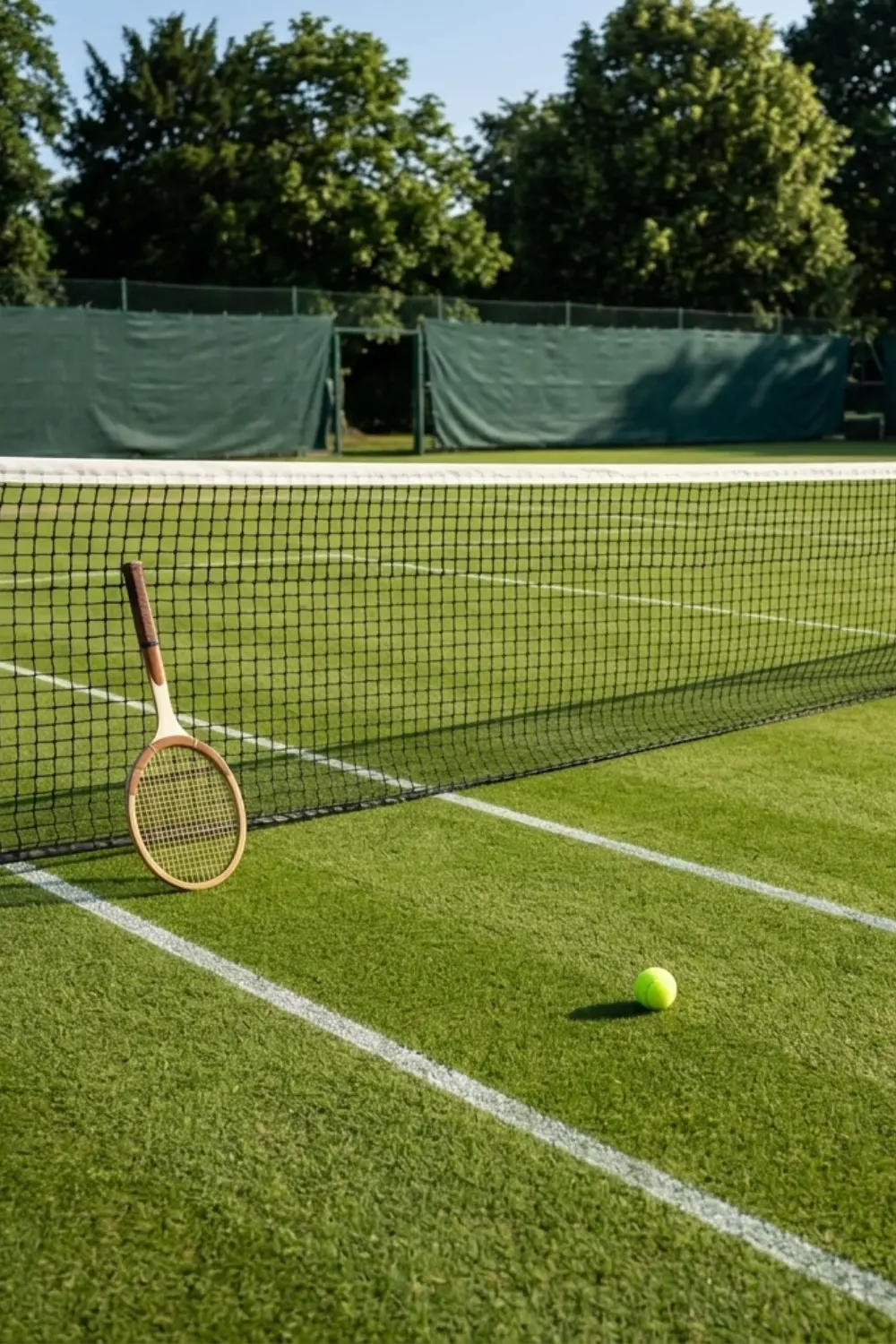 Classic grass tennis court with racquet and ball near the net