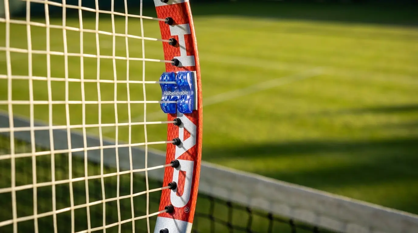 AMbelievable racquet accessory installed on a tennis frame as a sustainable alternative to lead tape for stability and balance customization