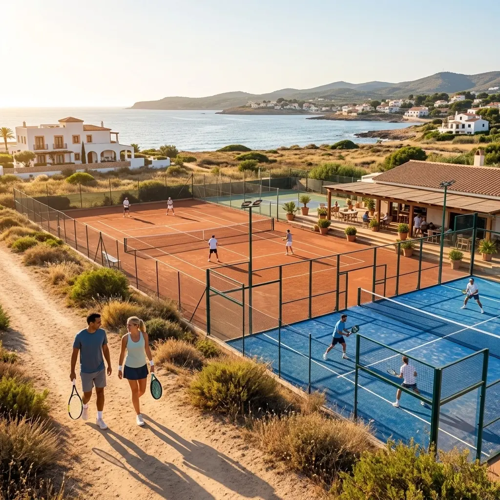 Hotels, resorts and local racket clubs Travellers carrying rackets beside coastal tennis and padel courts near a Mediterranean hotel and clubhouse.