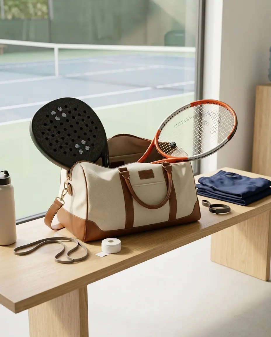 Prepare your body and racket before travelling Tennis and padel rackets with AMbelievable technical add-ons beside a travel bag and training accessories.
