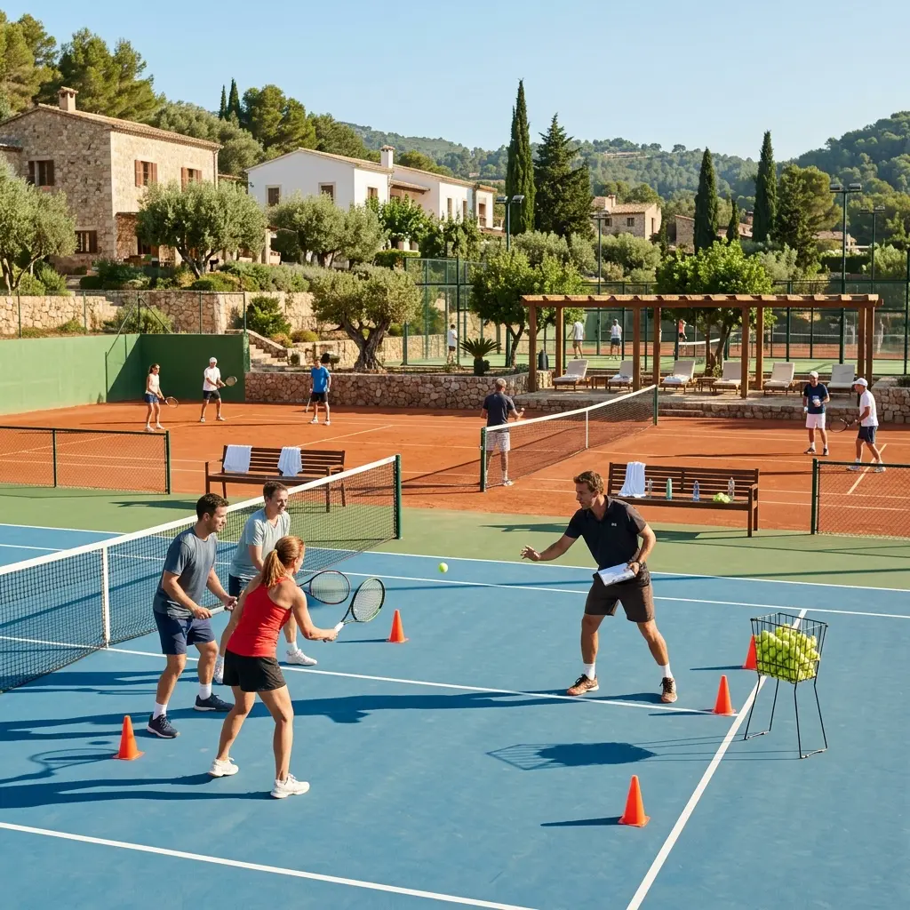 Adult tennis camps and intensive training Adult players taking part in a coached tennis training session at a Mediterranean sports academy.