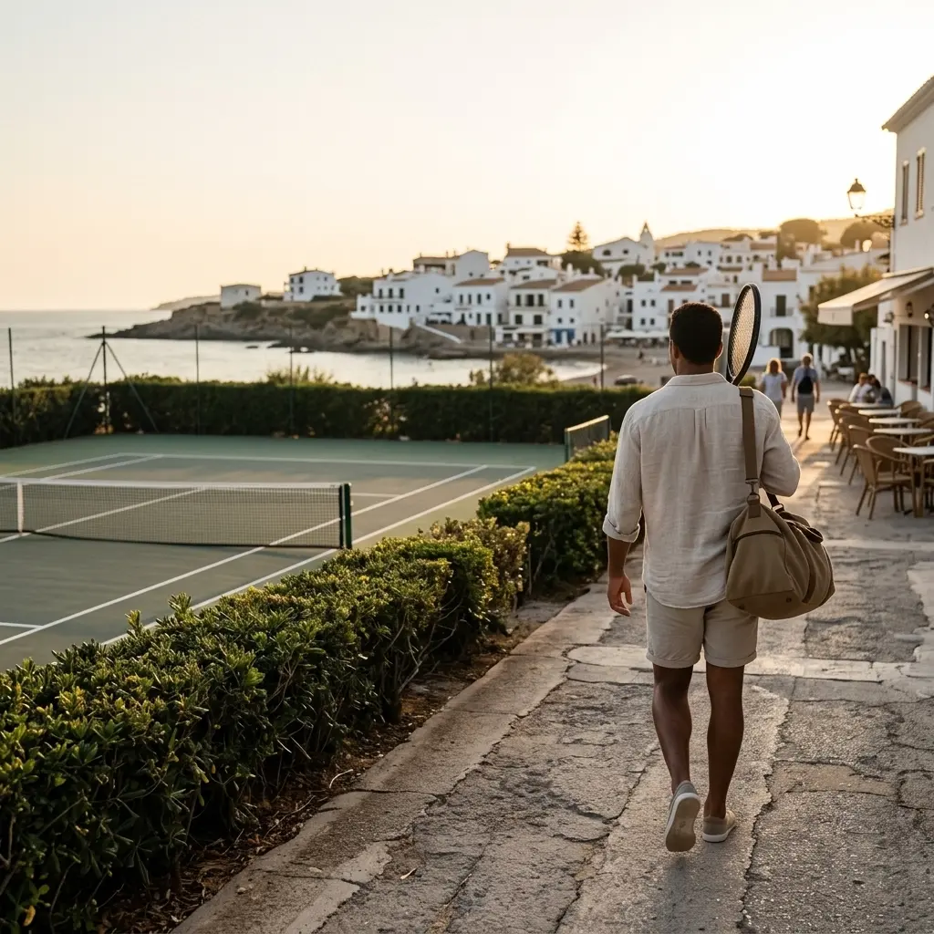 Make space for your racket on holiday Traveller carrying a tennis racket past a seaside court towards a Mediterranean village at sunset.