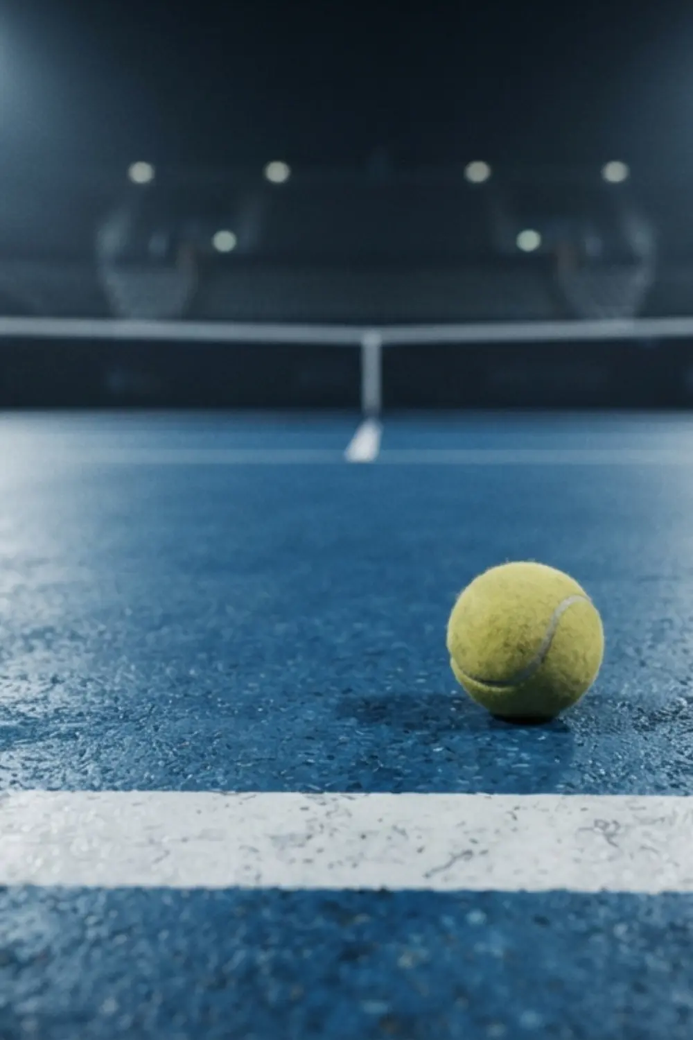 Surface d’un court de tennis en dur Balle de tennis posée sur un court en dur bleu à revêtement acrylique sous les projecteurs d’un stade