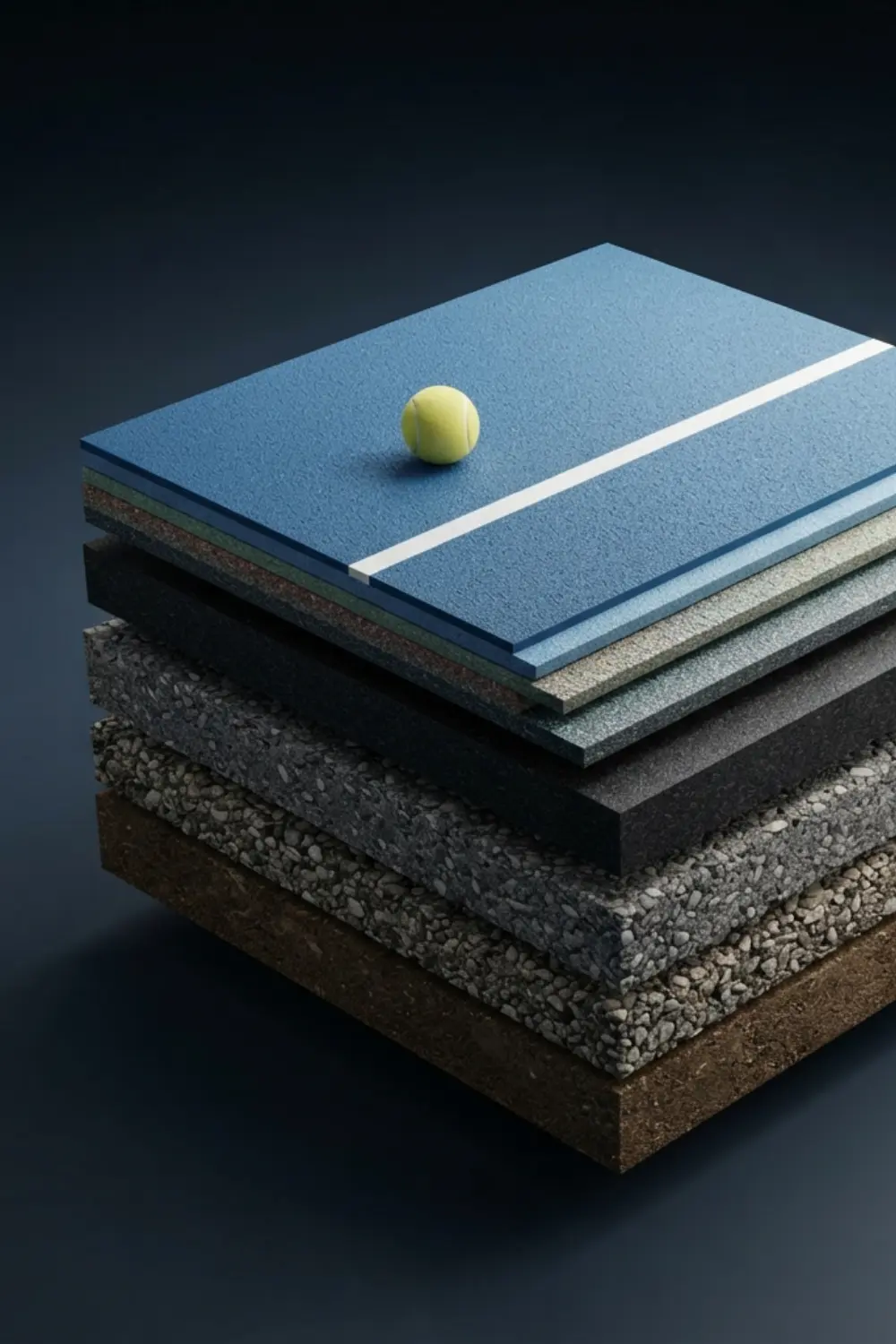 Comment est construit un court de tennis en dur Illustration technique montrant la structure en couches d’un court de tennis en dur à revêtement acrylique