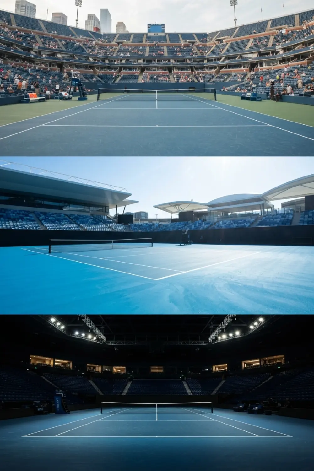 Courts en dur de l’US Open, de l’Australian Open et des ATP Finals Comparaison de courts de tennis professionnels en dur bleus, en intérieur et en extérieur, dans différents stades