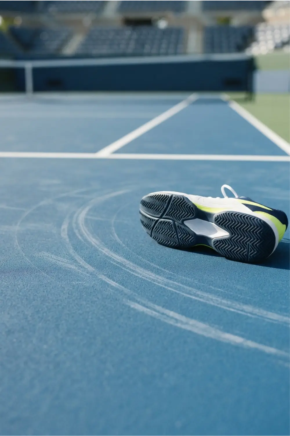 Déplacements et adhérence sur court en dur Chaussures de tennis à côté de traces courbes laissées par les déplacements sur un court en dur bleu