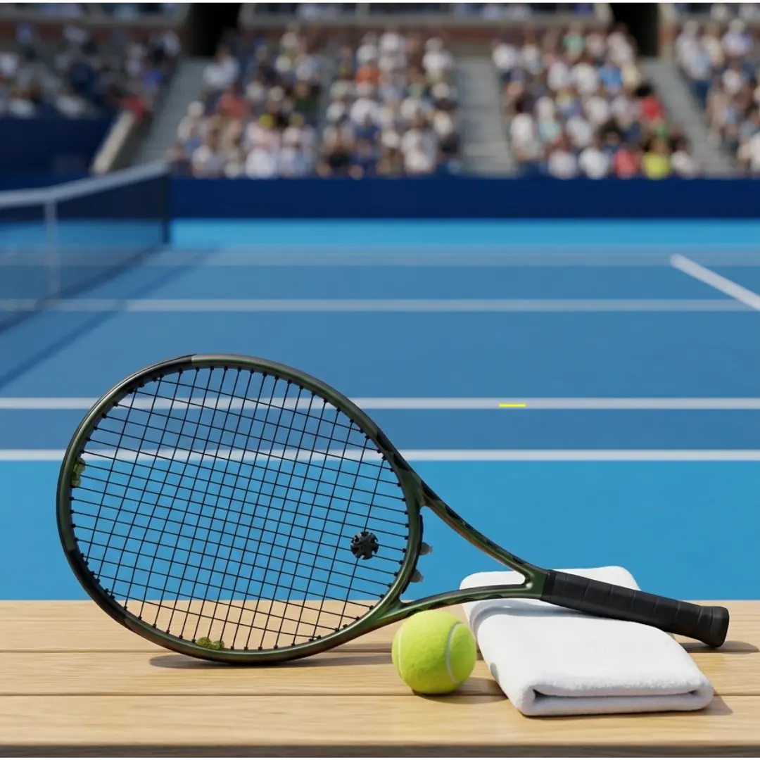 Réglage AMbelievable de la raquette pour le tennis sur dur Raquette de tennis équipée d’accessoires AMbelievable pour la gestion des vibrations, à côté d’une balle sur un court en dur