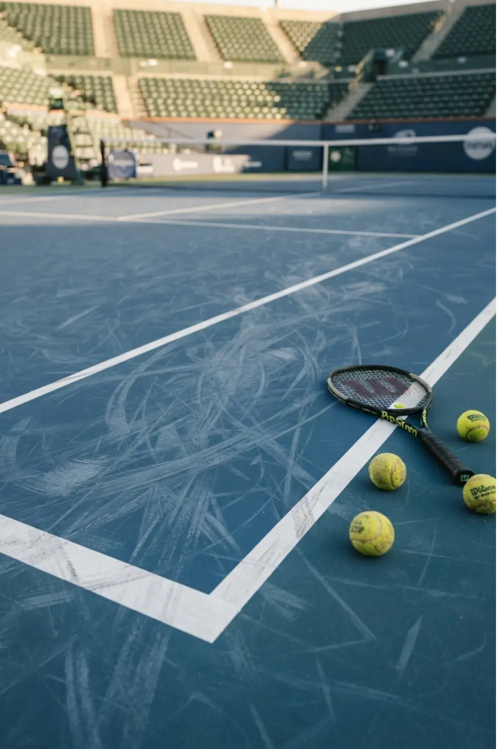 Les exigences physiques du tennis sur dur Court en dur bleu marqué par l’usage, avec une raquette, des balles de tennis et de nombreuses traces de déplacement près de la ligne de fond