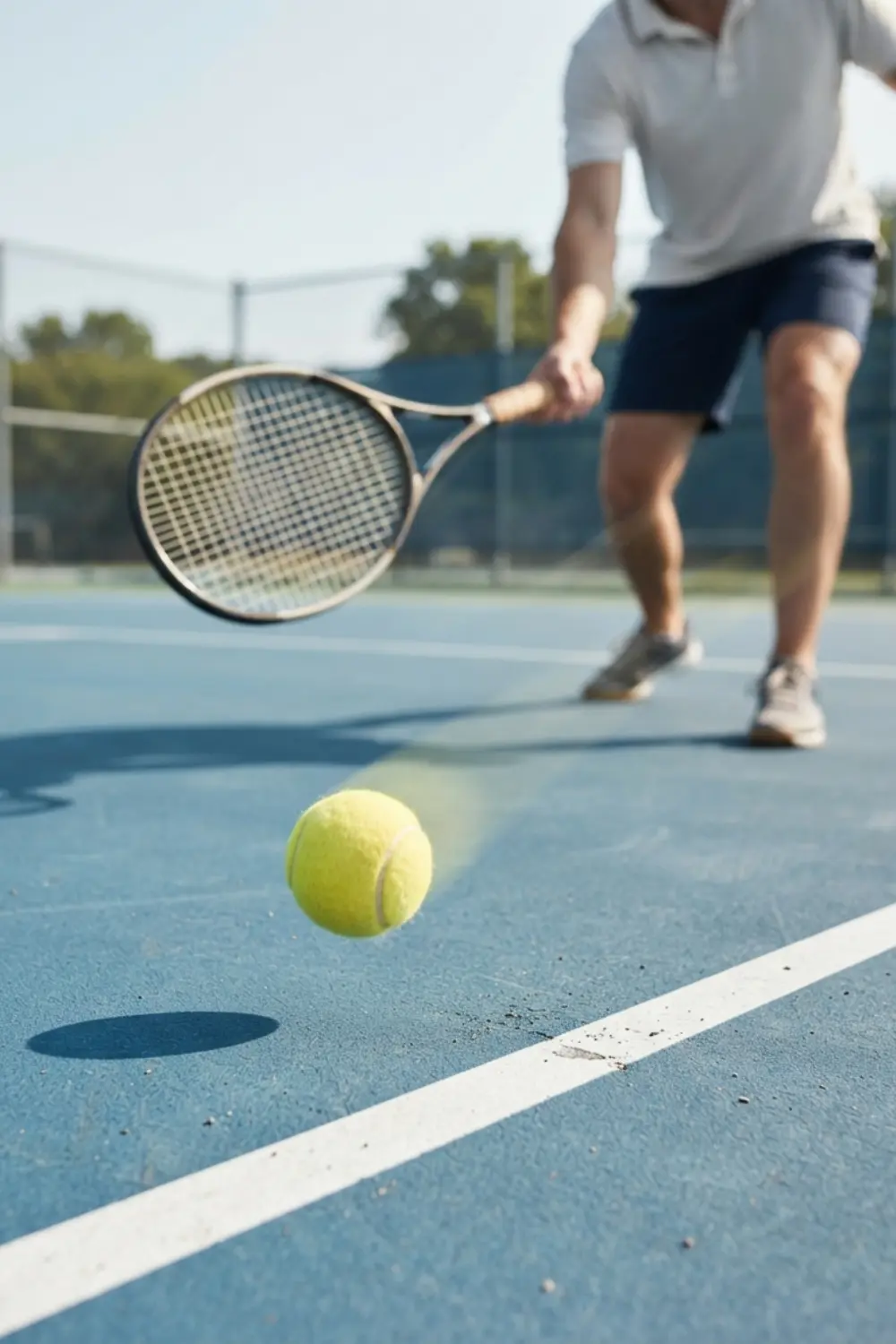 Interaction entre le court, la balle et la raquette au tennis Joueur de tennis se dirigeant vers la balle après son rebond sur un court en dur bleu