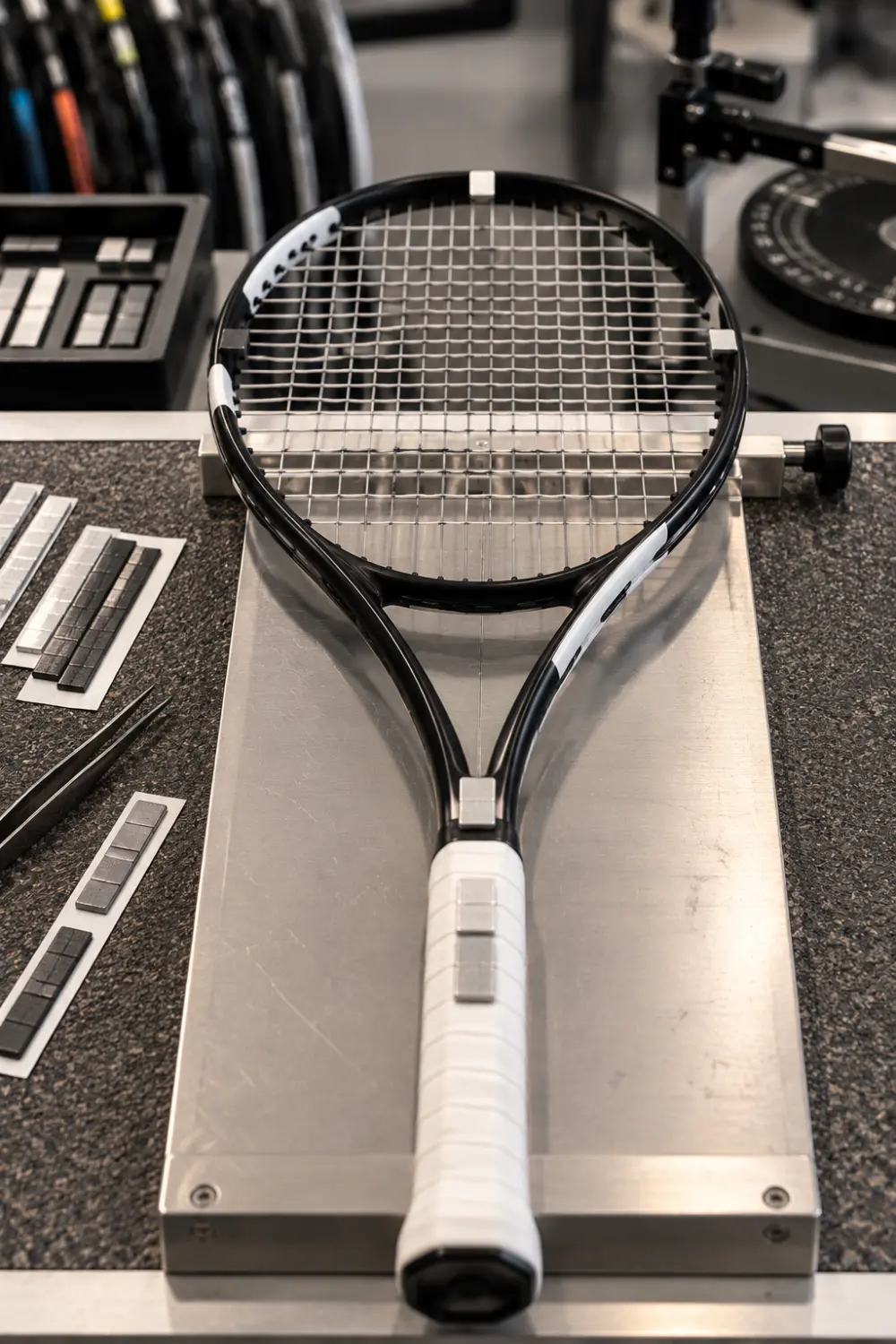 Measuring and Matching Tennis Racket Specifications Tennis racket on professional equipment for measuring and matching racket specifications